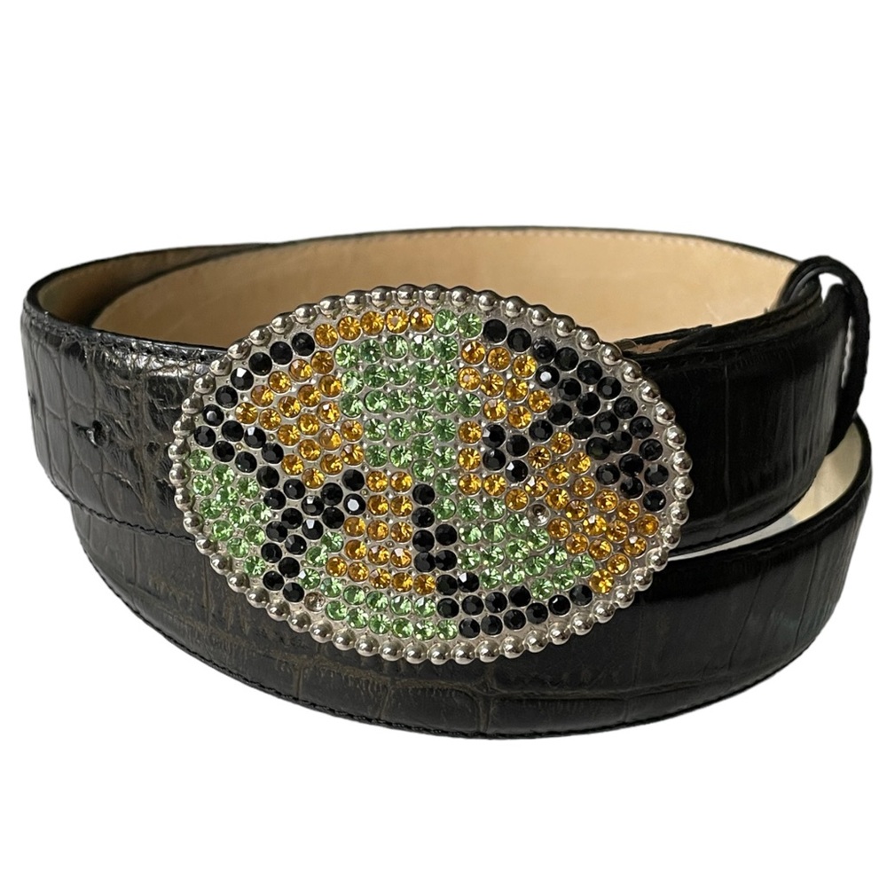 Fina Firenze Croco Embossed Dark Brownish Black Leather Belt, Jeweled Buckle L